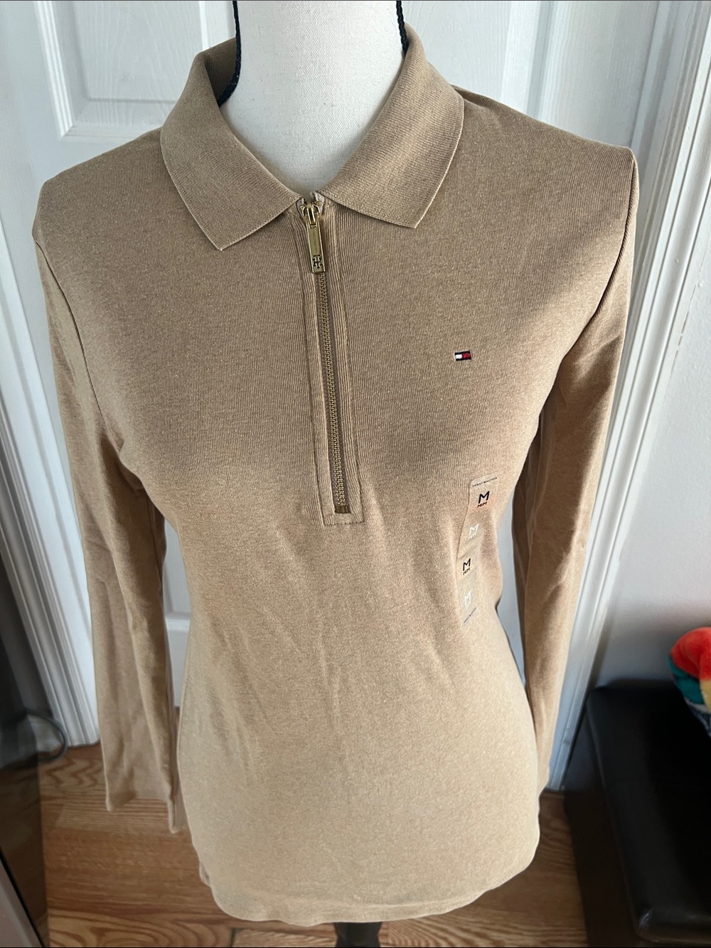 Tommy Hilfiger Women's Tan Zip Polo Long Sleeve Top